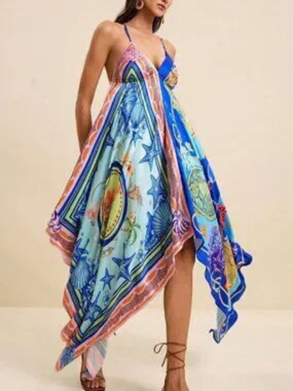 ZARA Multicolor Boho Women's V-Neck Spaghetti Strap Ocean Print Maxi Beach Dress
